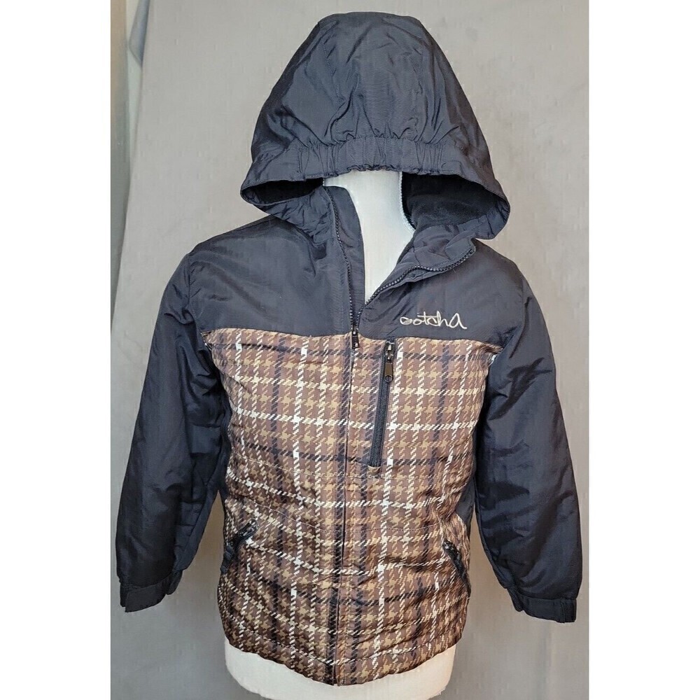 Gotcha Youth Jacket Sz 10 Black Brown Plaid Skate Ski Full Zip Winter Coat EUC!